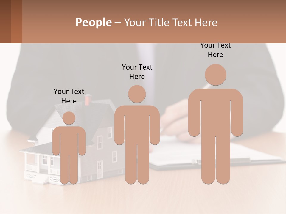 A Man In A Suit Writing On A Piece Of Paper Next To A Model House PowerPoint Template