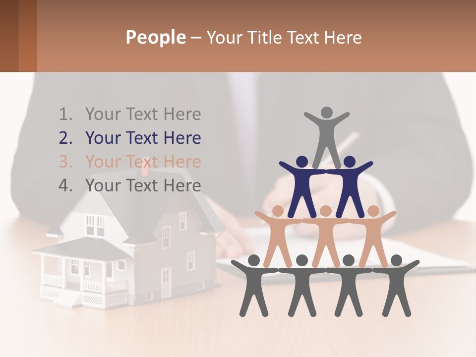 A Man In A Suit Writing On A Piece Of Paper Next To A Model House PowerPoint Template