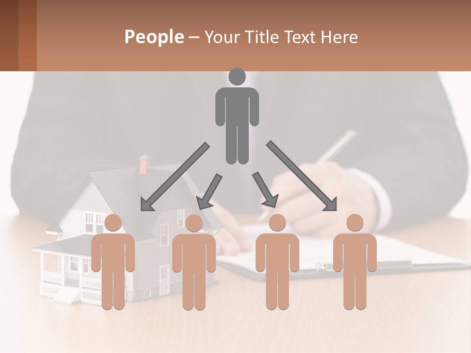 A Man In A Suit Writing On A Piece Of Paper Next To A Model House PowerPoint Template