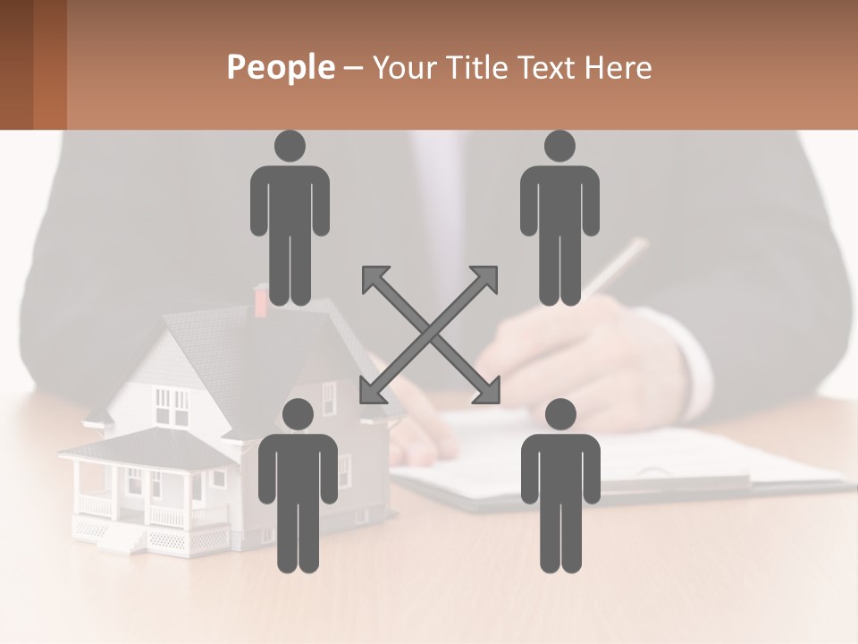 A Man In A Suit Writing On A Piece Of Paper Next To A Model House PowerPoint Template