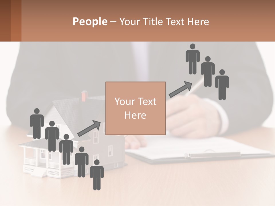 A Man In A Suit Writing On A Piece Of Paper Next To A Model House PowerPoint Template