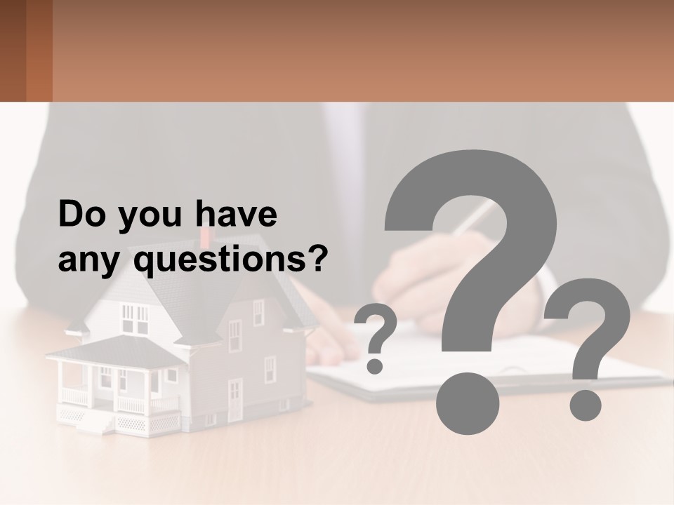 A Man In A Suit Writing On A Piece Of Paper Next To A Model House PowerPoint Template