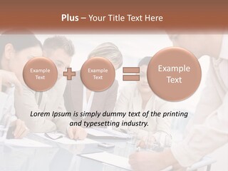 A Group Of Business People Looking At Something On A Table PowerPoint Template