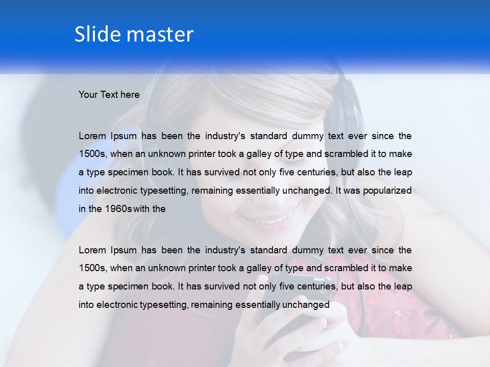 A Woman Wearing Headphones Is Looking At Her Cell Phone PowerPoint Template