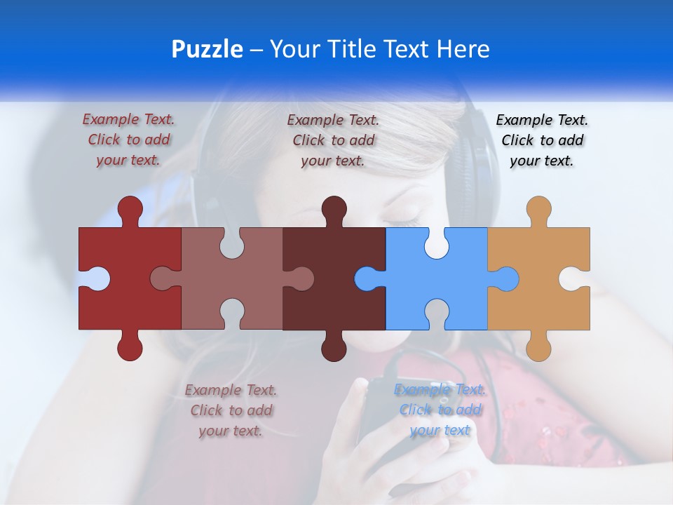 A Woman Wearing Headphones Is Looking At Her Cell Phone PowerPoint Template