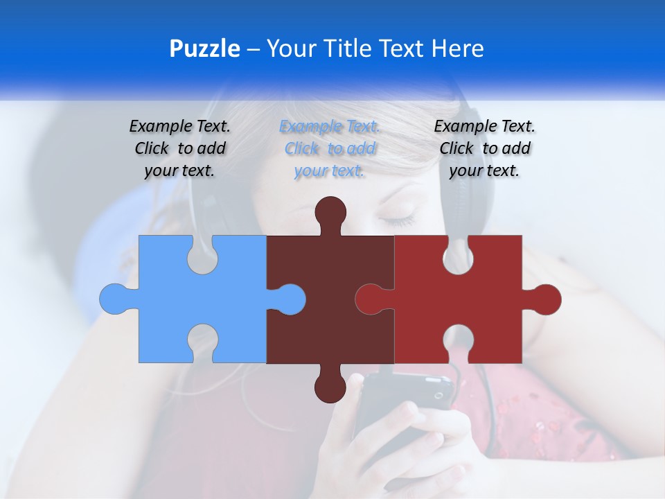 A Woman Wearing Headphones Is Looking At Her Cell Phone PowerPoint Template