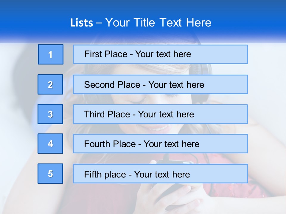 A Woman Wearing Headphones Is Looking At Her Cell Phone PowerPoint Template