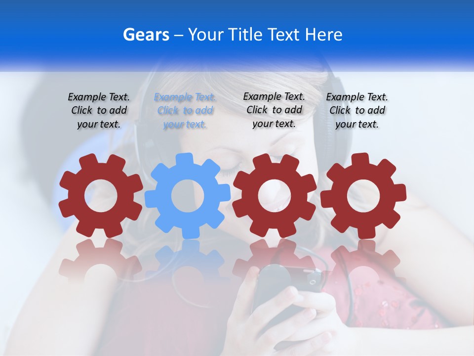 A Woman Wearing Headphones Is Looking At Her Cell Phone PowerPoint Template