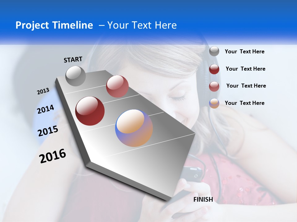 A Woman Wearing Headphones Is Looking At Her Cell Phone PowerPoint Template