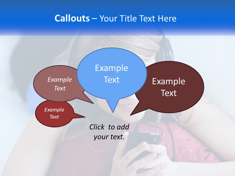 A Woman Wearing Headphones Is Looking At Her Cell Phone PowerPoint Template