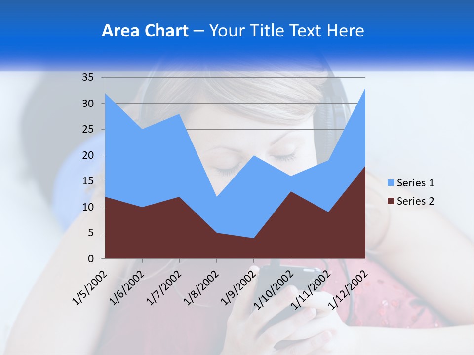 A Woman Wearing Headphones Is Looking At Her Cell Phone PowerPoint Template