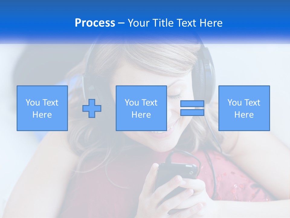 A Woman Wearing Headphones Is Looking At Her Cell Phone PowerPoint Template