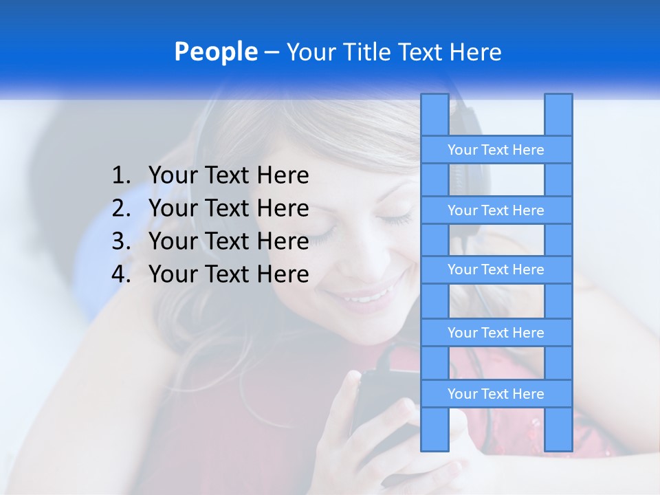 A Woman Wearing Headphones Is Looking At Her Cell Phone PowerPoint Template