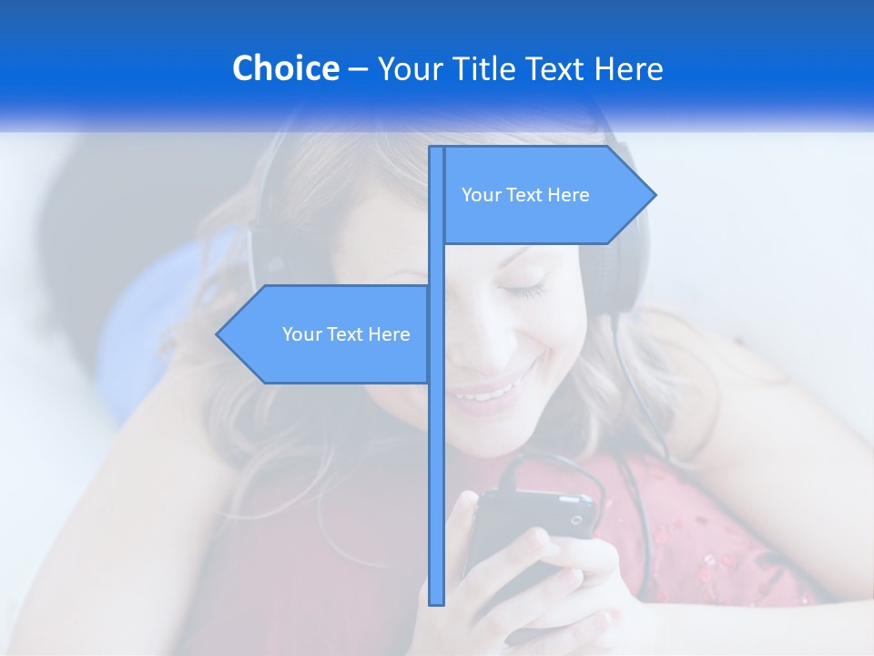 A Woman Wearing Headphones Is Looking At Her Cell Phone PowerPoint Template