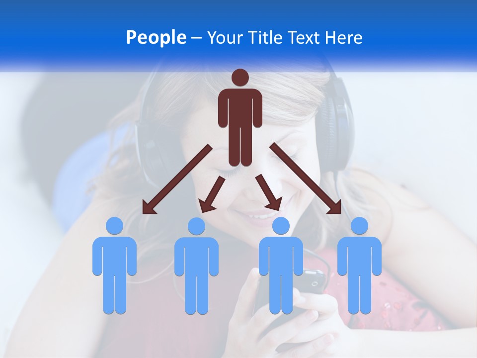 A Woman Wearing Headphones Is Looking At Her Cell Phone PowerPoint Template