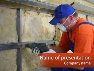 A Man In An Orange Shirt Working On A Piece Of Insulation PowerPoint Template