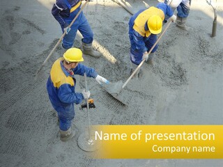 A Group Of Men In Blue And Yellow Work On A Construction Site PowerPoint Template