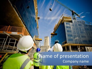 A Group Of Construction Workers Standing In Front Of A Building PowerPoint Template