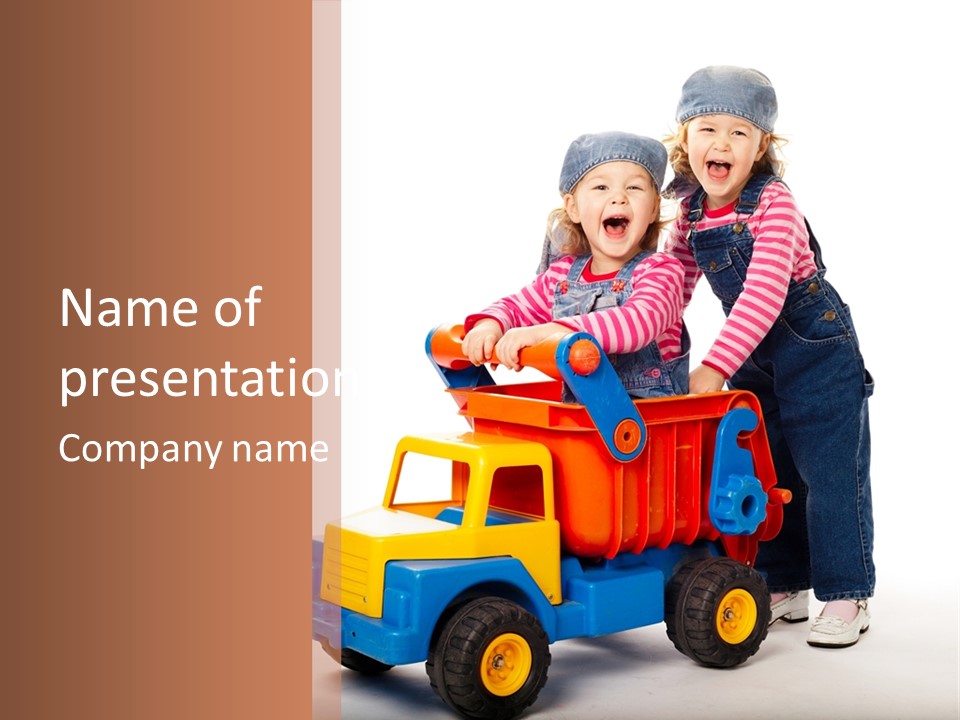 Two Children Are Playing With A Toy Truck PowerPoint Template