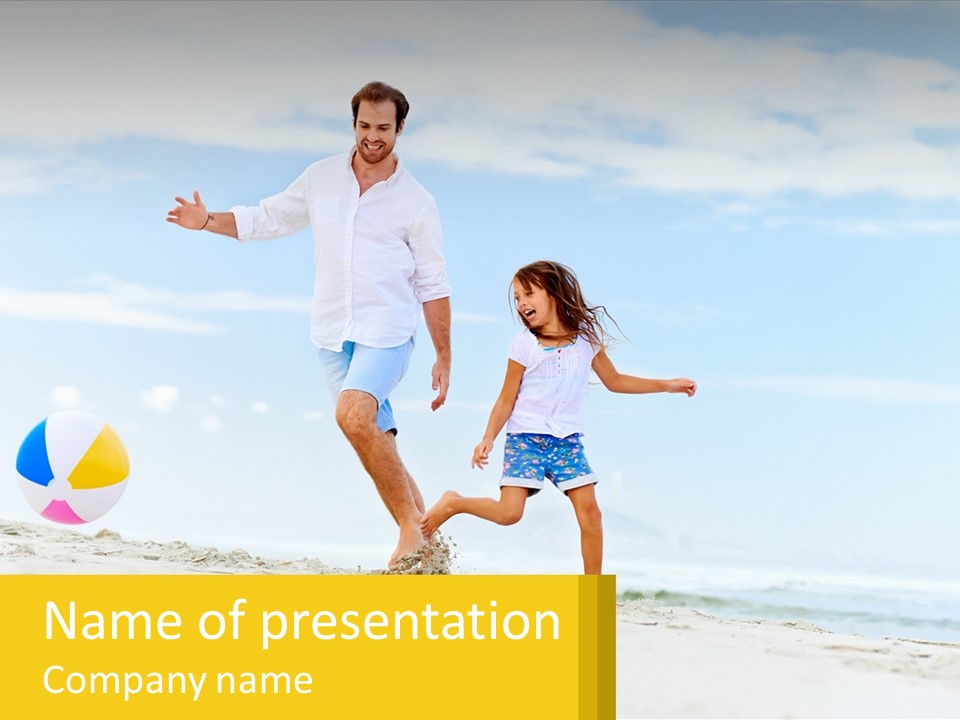 A Man And A Little Girl Playing With A Ball On The Beach PowerPoint Template