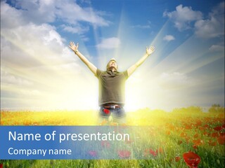 A Man Standing In A Field With His Hands Up PowerPoint Template