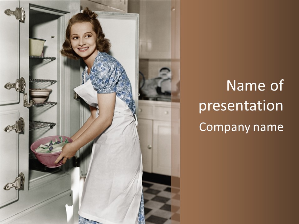 A Woman In An Apron Is Opening A Refrigerator PowerPoint Template