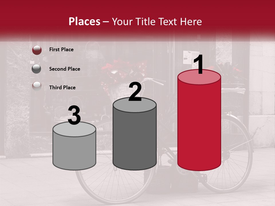 A Black And White Photo Of A Bicycle With Baskets Of Flowers PowerPoint Template