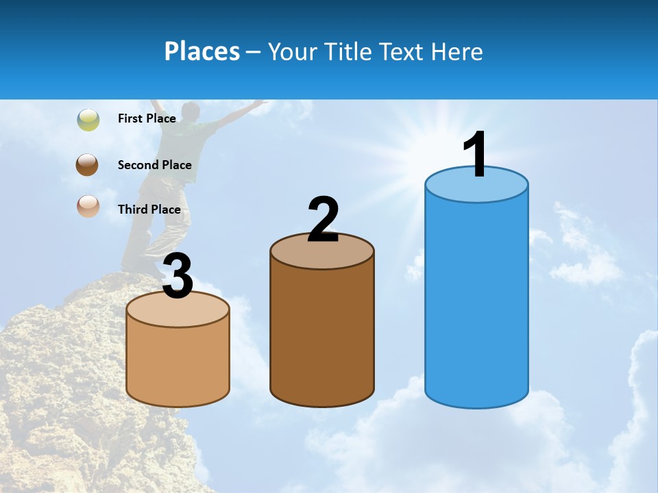 A Man Standing On Top Of A Rock With His Arms In The Air PowerPoint Template