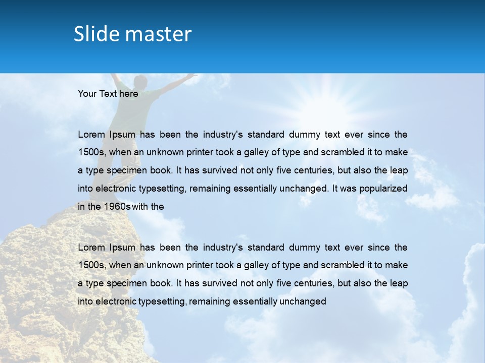 A Man Standing On Top Of A Rock With His Arms In The Air PowerPoint Template