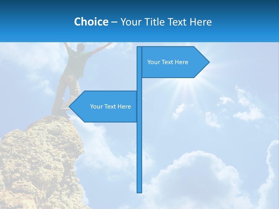 A Man Standing On Top Of A Rock With His Arms In The Air PowerPoint Template
