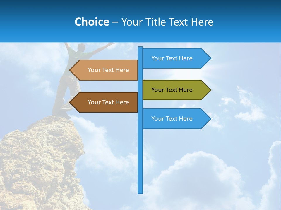 A Man Standing On Top Of A Rock With His Arms In The Air PowerPoint Template