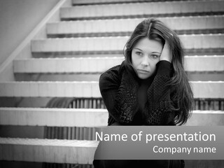 A Woman Is Sitting On The Stairs With Her Hand On Her Head PowerPoint Template