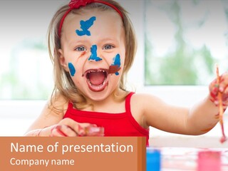 A Little Girl With Her Face Painted Blue And Red PowerPoint Template