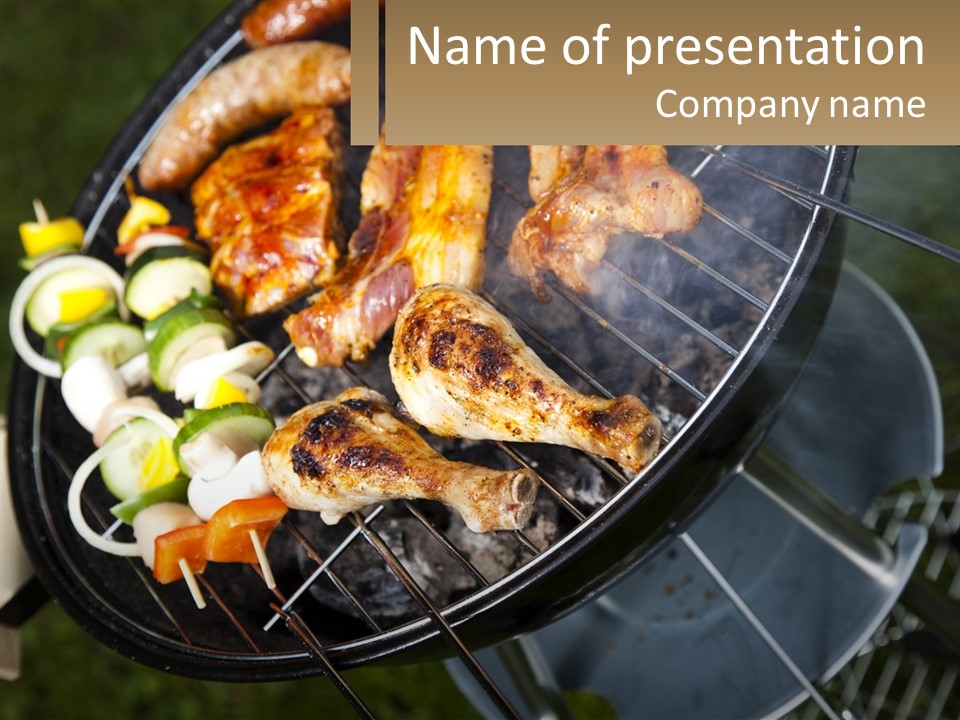 A Bbq Grill With Meat And Vegetables On It PowerPoint Template