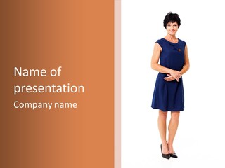 A Woman In A Blue Dress Standing In Front Of A Brown Wall PowerPoint Template