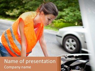 A Woman In An Orange Vest Working On A Car Engine PowerPoint Template