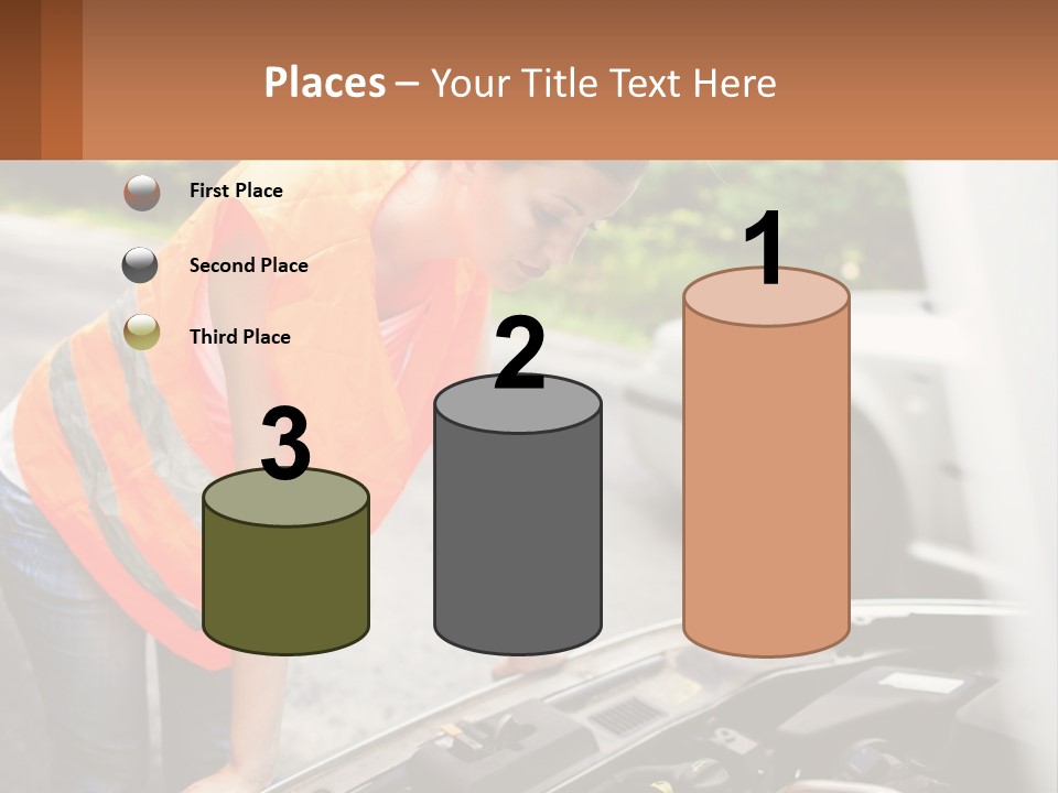 A Woman In An Orange Vest Working On A Car Engine PowerPoint Template