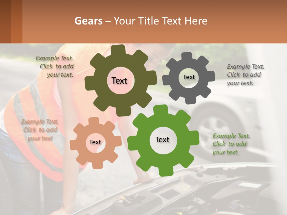 A Woman In An Orange Vest Working On A Car Engine PowerPoint Template