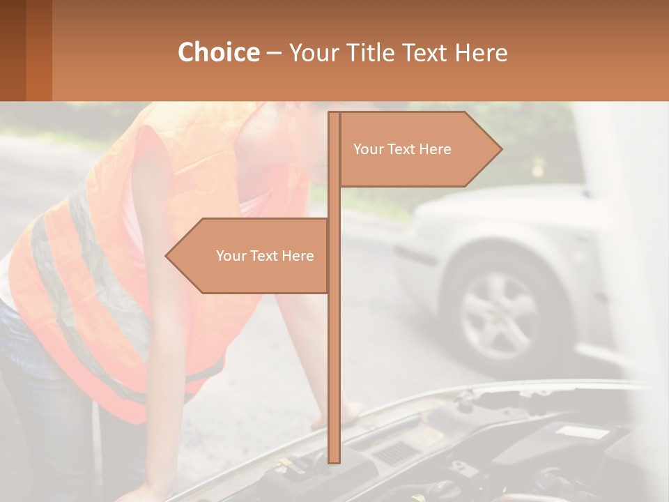A Woman In An Orange Vest Working On A Car Engine PowerPoint Template