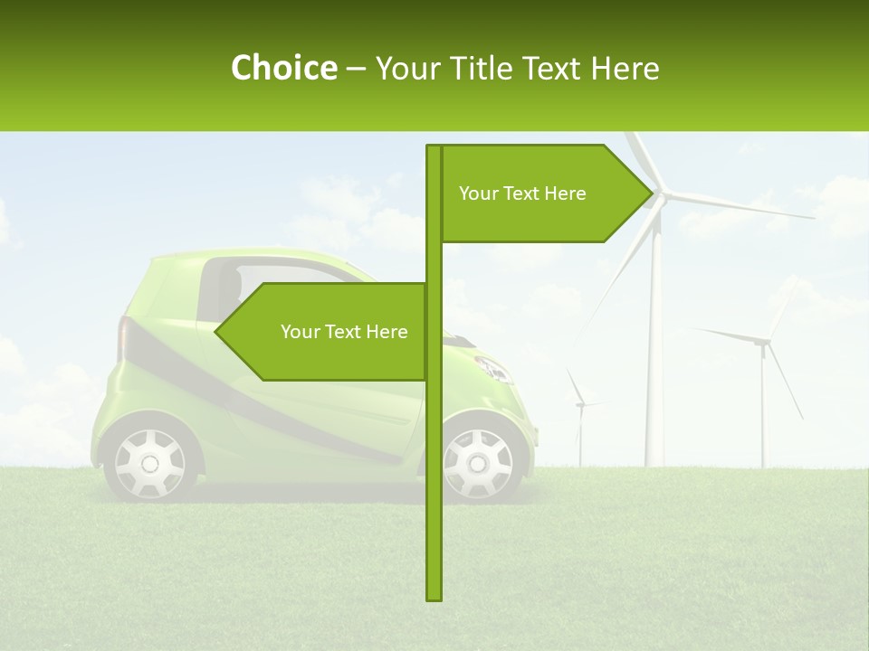 A Small Green Car Parked In A Field With Windmills In The Background PowerPoint Template