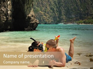 A Man And A Woman Laying On The Beach PowerPoint Template