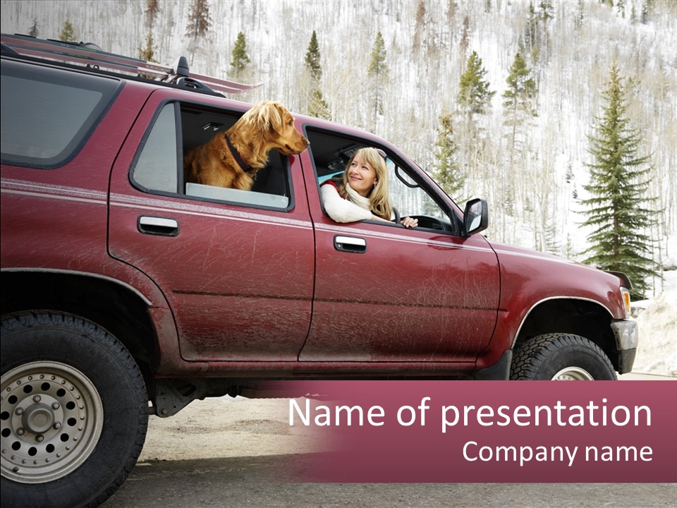 A Woman Sitting In A Red Truck With Her Dog PowerPoint Template