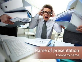 A Man In A Tie Is Surrounded By Files PowerPoint Template