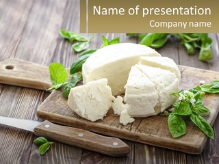 A Piece Of Cheese On A Cutting Board With A Knife PowerPoint Template