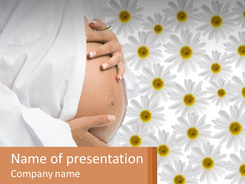 A Pregnant Woman Holding Her Belly With Daisies In The Background PowerPoint Template
