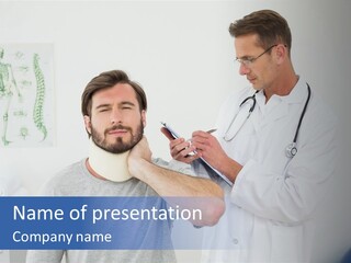 A Man With A Neck Brace Being Examined By A Doctor PowerPoint Template
