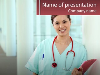 A Woman In Scrubs Is Holding A Clipboard PowerPoint Template