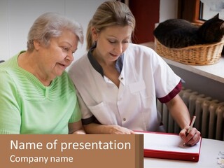 A Woman Sitting Next To A Woman Who Is Writing PowerPoint Template