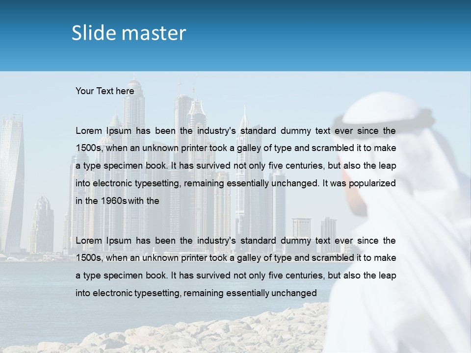 A Man Standing In Front Of A Body Of Water With A City In The Background PowerPoint Template