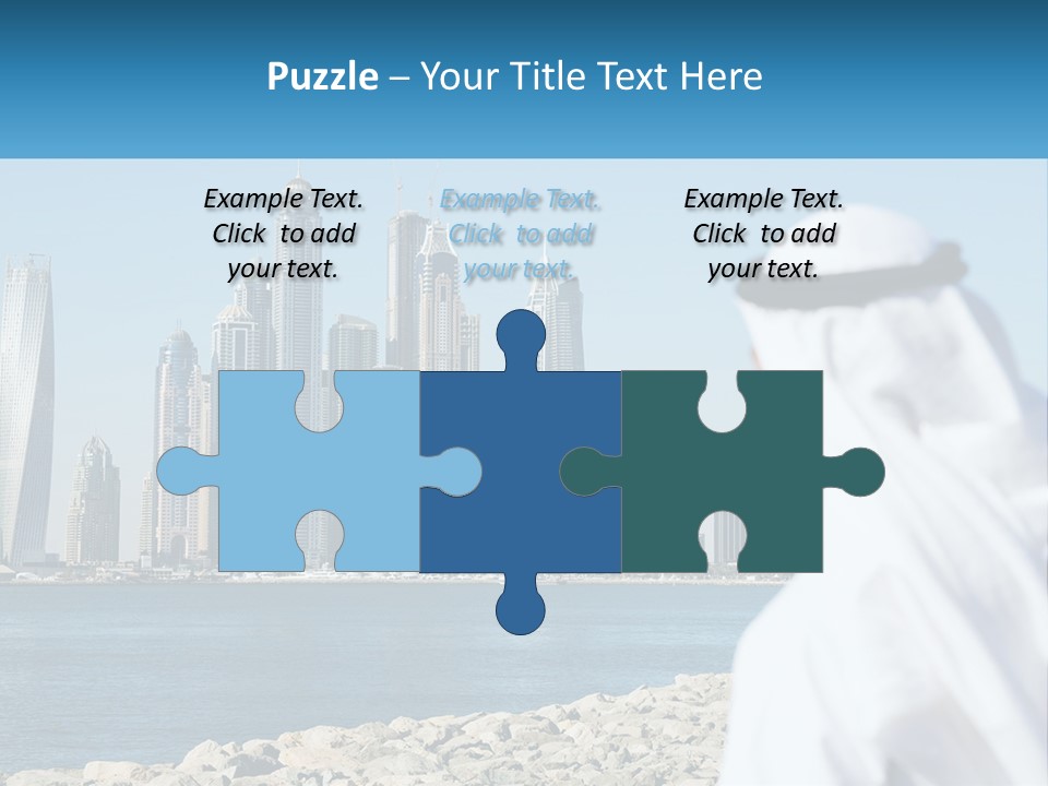 A Man Standing In Front Of A Body Of Water With A City In The Background PowerPoint Template